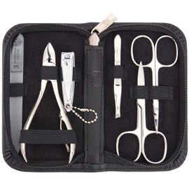 3 Swords Germany - brand quality 6 piece manicure pedicure grooming kit set for professional finger & toe nail care scissors clipper genuine leather case in gift box, Made in Solingen Germany (003119)