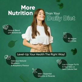 Super Greens Gummies - 90 Vegan Gummies - Blend of Botanicals with Essential Vitamins & Minerals - Natural Blueberry & Raspberry Flavour - for Energy & Immunity - Alternative to Super Greens Powder