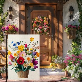Spring Daffodils Tulip Flower Garden Flag for Outside Colorful Floral Yard Flag Double Sided Burlap Summer Farmhouse Outdoor Home Decorations 12x18 Inch