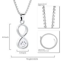 Oinsi Pet Paw Print Infinity Cremation Jewelry Dog/Cat Keepsake Pendant Memorial Urn Necklace for Ashes W/Filling Kits (Silver Tone)