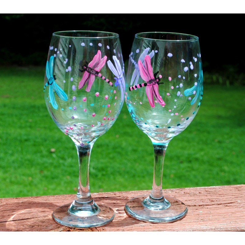 2 Dragonfly Multi Color Hand Painted Wine Glasses