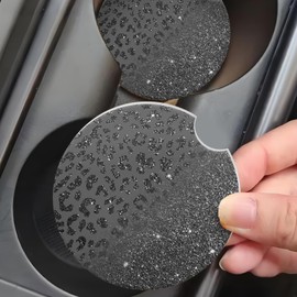 Car Cup Holder Coaster, Car Coasters for Cup Holder, 2 Pack Absorbent Ceramic Car Coaster with Finger Notch & Cork Base, Cute Car Interior Accessories for Women(Black Leopard Black)