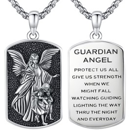 Brisskaari Catholic Patron Saint Dog Tag Necklace 925 Sterling Silver St Michael/St Christopher/St Sebastian/Guadalupe/Guardian Angel Pendant Necklace with 2mm Rolo Chain (Guardian Angel)