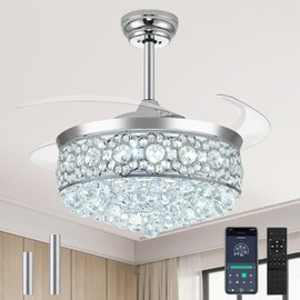 Deliyfans 42" Fandelier Ceiling Fan with Light, Retractable Chandelier Fan Crystal Ceiling Fan with Remote, Quiet DC Motor, LED Dimmable Fandaliers Ceiling Fan for Bedroom Living Room Dinning Room