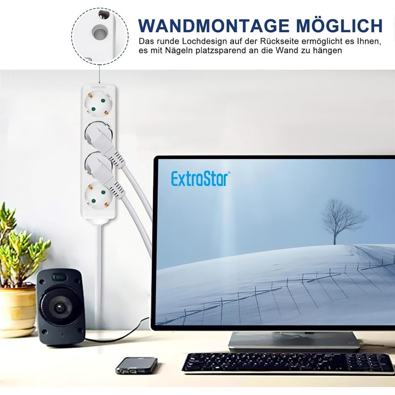 EXTRASTAR 4-Way Power Strip, Flat Plug Multiple Socket with 3