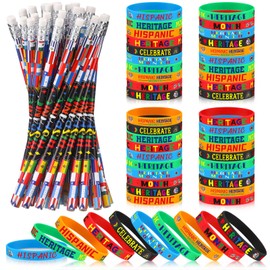 Gemscream 100 Pcs Heritage Month Party Favors Bulk Included Rubber Bracelets and Hispanic Heritage Month Pencils Classroom Teacher Supplies Rewards for Gifts Festival Accessory Party Decorations