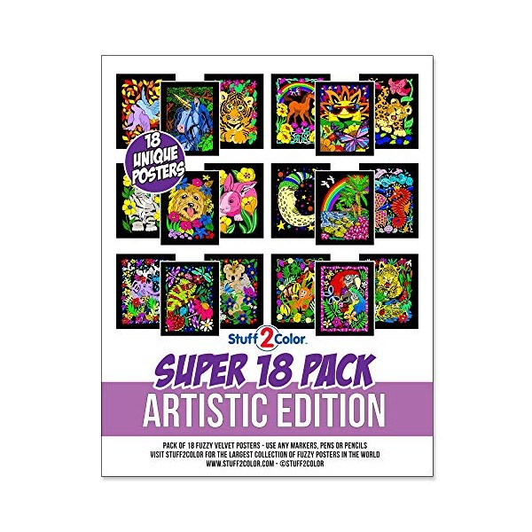 Super Pack of 18 Fuzzy Velvet Coloring Posters (Artistic Edition) - Great for Family Time, Arts & Crafts, Travel, Classrooms, Care Facilities [For All Ages: Girls, Boys, Adults, Toddlers, and More]