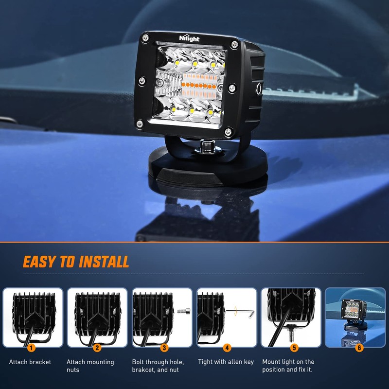 Nilight 2PCS 42W Light Bar 3Inch Cube Pod Light Amber