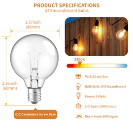 Meconard G40 Replacement Light Bulbs, E12 Candelabra Screw Base 5watt Dimmable Clear Glass Globe Incandescent Bulbs for Indoor Outdoor String Lights,Warm White,25Pack