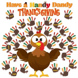 B1ykin 78Pcs Thanksgiving Thankful Hands Turkey Bulletin Board Decoration, Big Size Turkey and Handprint Cutout Door Decor, Elementary Kindergarten Preschool Chalkboard Wall Decorations Supplies