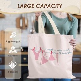 LUVADIAN Beach Tote Bag, Beach Accessories for Women, Beach Vacation Gifts for Women, Meet Me At the Beach Pink Canvas Tote Bag for Women, Reusable Grocery Bags Shopping Bags