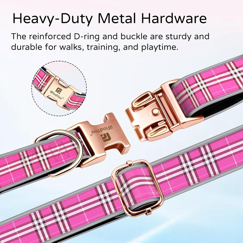 ILFindYou Reflective Plaid Dog Collar for Large Dogs, Rose Red-L