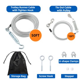 LUFFWELL Dog Runner - 50FT Lead with 15FT Pulley, Heavy Duty for Dogs Up to 250LBS, Silver