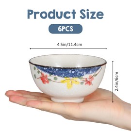 6 Pack Rice Bowls, 4.5 Inch 10 Oz Japanese Retro Ceramic Bowls Set, Hand-Painted Small Serving Dinner Set for Cereal, Salad, Dessert, Ice Cream, Dishwasher & Microwave Safe