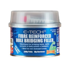 E-TECH Fibre Reinforced Hole Bridging Filler For use on bare steel and paint repairs from damaged body panels Car body repair, restoration, glass fibre, waterproof and can be over painted