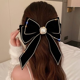 Jumwrit-Gran lazo para el pelo con diamantes de imitación, perla, pasador para el pelo, lazo de terciopelo vintage con cola larga, sujeción fuerte, color sólido, pinza para el pelo, accesorios de moda