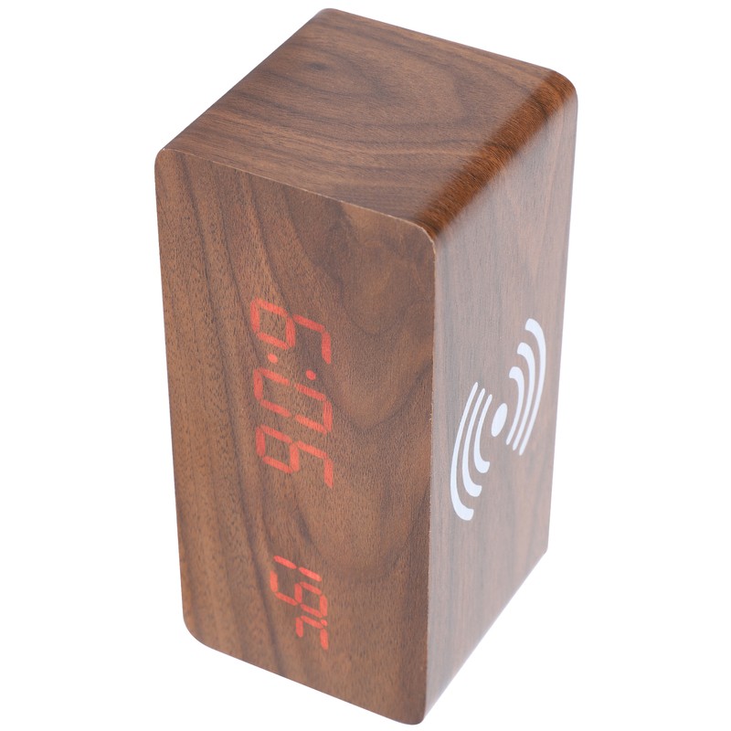 Wireless Charging Clock Digital LED Electronic Alarm Rectangular Wooden Bedside