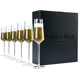 Aspen & Birch - Classic Champagne Flutes Set of 6 - Champagne Glasses - Mimosa Glasses, Premium Crystal Stemware, Clear, 6 oz, Hand Blown Glass Champagne Flutes - Hand Crafted by Artisans