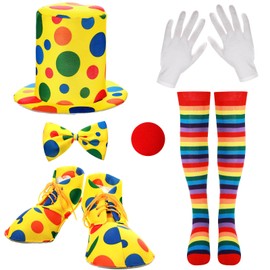 SATINIOR Carnival Circus Party Clown Costume Set - Hat, Shoes, Nose, Bow, Socks for Carnival & Mardi Gras(Large) Multicoloured