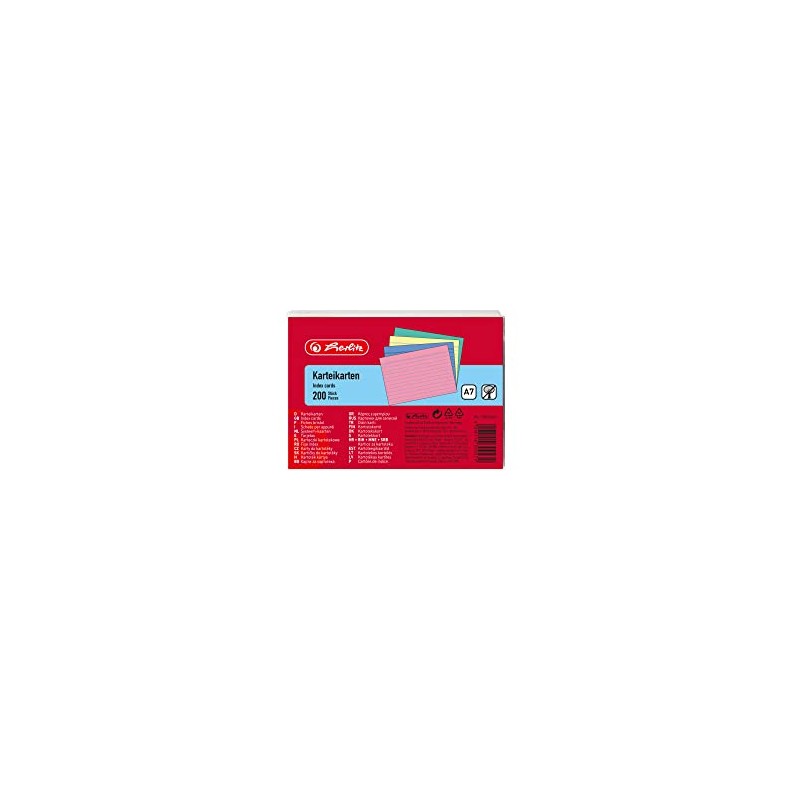 Herlitz 10836245 Index Cards A7 Ruled Assorted Colours Pack of
