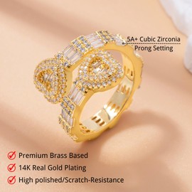 Iced Out Jewelry Baguette Cz Adjustable Heart Ring，All Match Bling Bling Dainty Gold Pinky Ring Party Rose Gold Love Men Women Luxury Gift (Ring Size: 8, Gold/Heart)