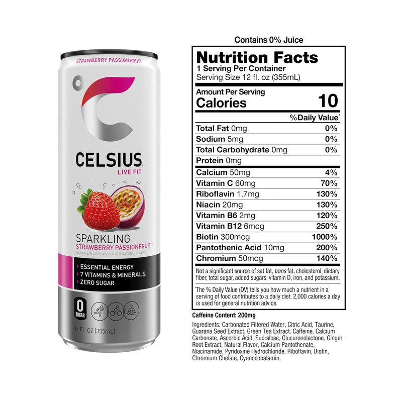 CELSIUS Sparkling Strawberry Passionfruit, Sugar Free Energy Drink, 12 Fl