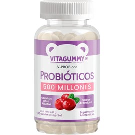 Gomitas V-PROB con probioticos sabor arandano, frasco con 60 gomitas de 4gr c/u