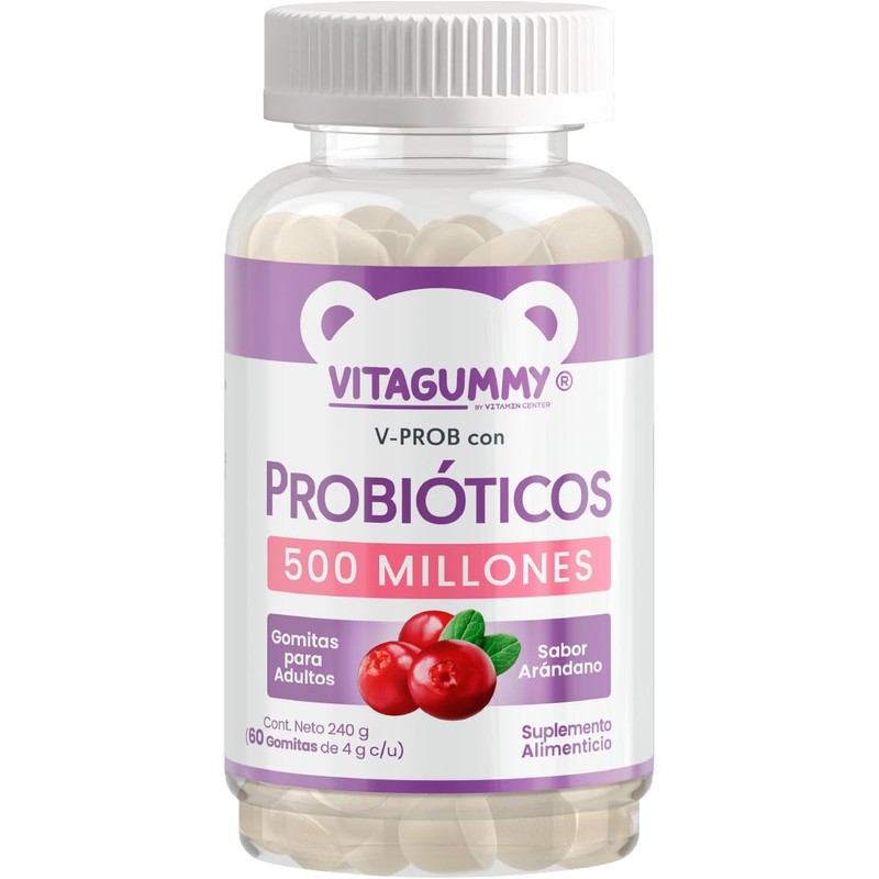 Gomitas V-PROB con probioticos sabor arandano, frasco con 60 gomitas