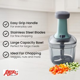 Anjali Food Chopper, Ultra Large Handheld Vegetable Chopper for Onion, Garlic, Nuts & More | Manual Push Cutter with Stainless Steel Blades | Dishwasher-Safe