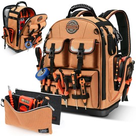 Tool Backpack with 2 Small Tool Bags - LOKASS Backpack Tool Bag Heavy Duty Tool Organizer, Water-resistant HVAC Tool Backpack Electrician Tool Box with Molded Base Brown