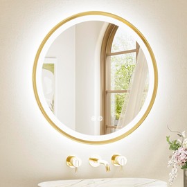 TETOTE Gold Round Led Mirror with Lights 24 Inch Metal Framed Round Circle Lighted Bathroom Vanity Mirror Wall Mounted, Front and Backlit 3 Color Stepless Dimmable Anti Fog, Shatterproof, CRI 90+