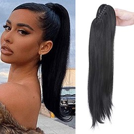 Ponytail Extension Haarteil Zopf Pferdeschwanz Hair Piece mit Klammer Glatt Leicht gewellte SchwÃ¤nze wie Echthaar 55.8cm Dunkles Schwarz