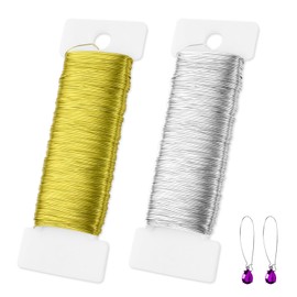 AUAUY 2 Rolls Jewellery Wire for Crafting, 0.35 mm 50 m Craft Wire for Jewellery Making, Silver Gold Thin Wire for Crafts, DIY Beading Wire for Jewellery Making, Wedding Bouquets, Flower Wreath Making
