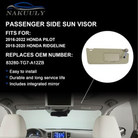 Right Passenger Side Sun Visor Beige Compatible with 2016-2022 Honda Pilot 2018-2020 Honda Ridgeline Sunvisor with Mirror with Vanity Light Replaces # 83230TG7A12ZB