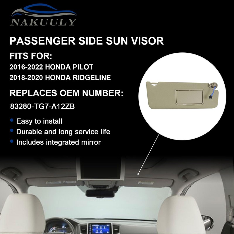 Right Passenger Side Sun Visor Beige Compatible with 2016-2022 Honda