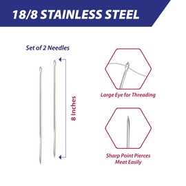 HIC Kitchen Straight Trussing Needles - Set of 2, 18/8 Stainless Steel, 8-Inches - Ideal for Securing Stuffed Turkey, Chicken, and Roasts