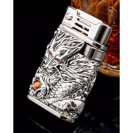 Dragon Lighter, Cool Antique Candle Lighters, Reusable Grinding Wheel Oil Lighter for Collection, Decorative, Gift, Present (Silver)