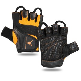 Victor Fitness Fingerless Leather Men's Weightlifting Gloves with Full Palm Protection - Perfect for Weight Training, Bench Press, Deadlifting, Pull-Ups (Small, Black/Orange)