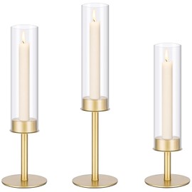 Gold Hurricane Candle Holders, Taper Glass Cover Candlestick, Tall Brass Candle Stick Decor for Table, Centerpiece, Wedding, Dinning, Party on Indoor and Outdoor, Set of 3