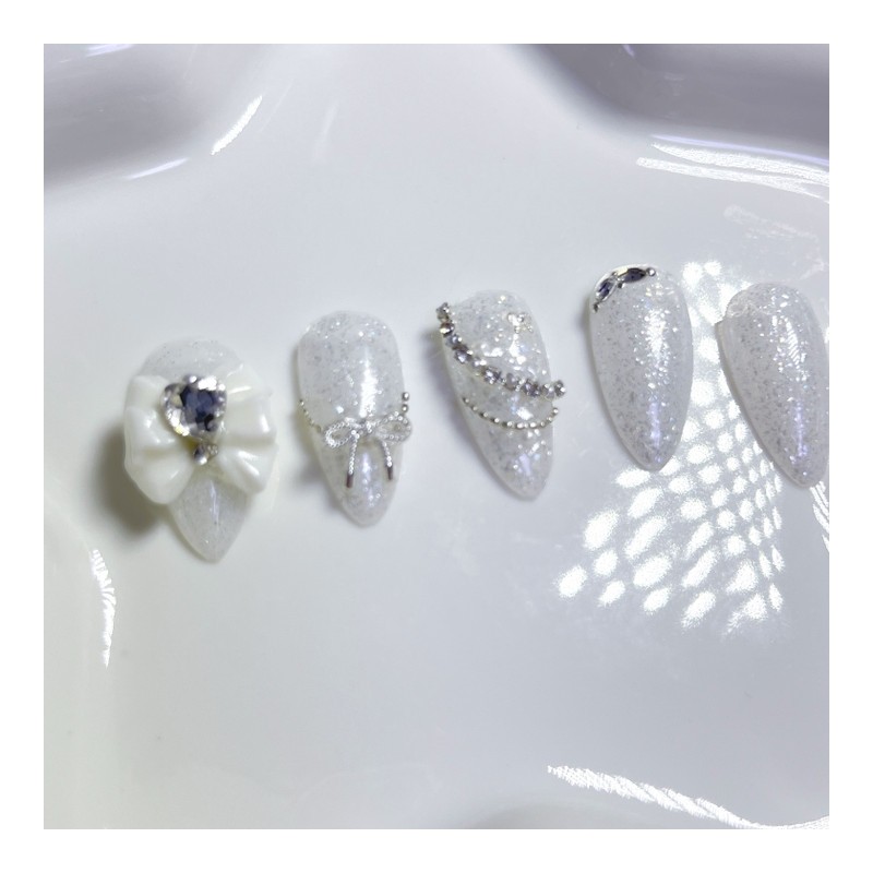 White Crystal Ribbon Nail - Short Oval / 화이트 크리스탈