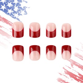 24Pcs 4th of July Press on Nails Short Square False Nails with Red Blue Nail Tip Design Glitter Press on Nails White Stars Design Acrylic Nails Stick on Nails for Women 4th of July Nail Art