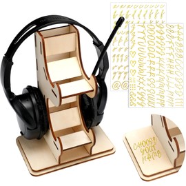 Briwooody Christmas Game Controller Holder with Customized Sticker 2 Tier Wooden Controller Stand Universal Headset Gaming Organizer PC Accessories Storage Rack Headphone Hanger for Gamer Desk