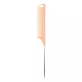 Plastic Detangling Parting Braiding Teasing Fine Light Weight Tooth Comb With Stainless Steel Handle (Peach)