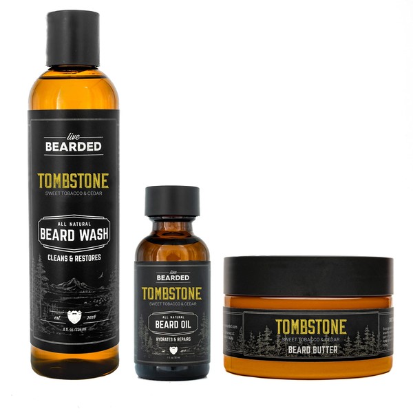 Live Bearded: 3-Step Beard Grooming Kit - Tombstone - Beard Wash, Beard Oil and Beard Butter - All-Natural Ingredients with Shea Butter, Jojoba Oil and More - Beard Growth Support - Made in the USA
