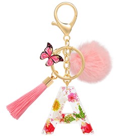 MWOOT Alphabet Initial Letter Keychain, Pink Name Keyring with Tassel Butterfly Pendant Pom Pom for Women, Cute Resin Daisy Petals Gold Foil Keyring Charm for Door Car Key Handbag Decor(A)