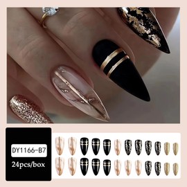 LPOODDNU Medium Press on Nails Almond Black Fake Nails Medium Length Gold Foil Glue on Nails Glossy Full Cover Gold Line Acrylic False Nails Cute Stick on Nails - 24Pcs