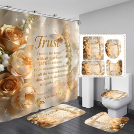 4 Piece Inspirational Quotes Shower Curtain Set with Rugs, Elegant Champagne Gold Floral Butterfly Bathroom Decor, Waterproof Fabric Bath Curtain with Non-Slip Bath Mat, U-Shape Rug & Toilet Lid Cover