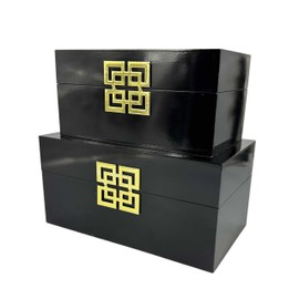 Galt International Storage Box Set Decorative Storage Box w/Hinged Lid Classic Design Wood Decor Boxes with Geometric Clasp Storage for Bedroom & Home - Set of 2 (Black & Gold)