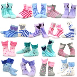 TeeHee Little Girls and Toddler Cute Novelty and Fashion Cotton Crew Socks 18 Pair Gift Box (6-8 Years, Heart Stripe and Ruffle)