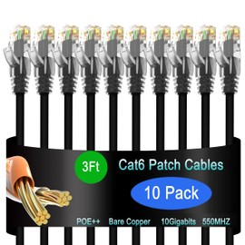 Lysymixs Cat6 Ethernet Patch Cable 3 ft (10 Pack), Cat6 Patch Cable for Data Centers, Cat 6 Patch Cable 10G, Network Patch Cables for Home and Enterprise Network -Black